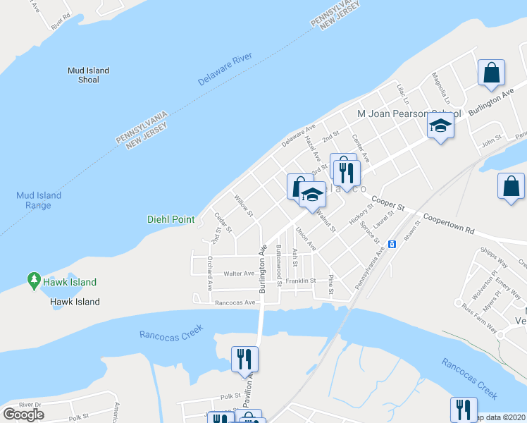map of restaurants, bars, coffee shops, grocery stores, and more near 514 3rd Street in Delanco
