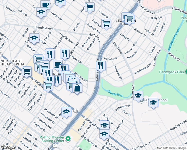 map of restaurants, bars, coffee shops, grocery stores, and more near 7539 Calvert Street in Philadelphia