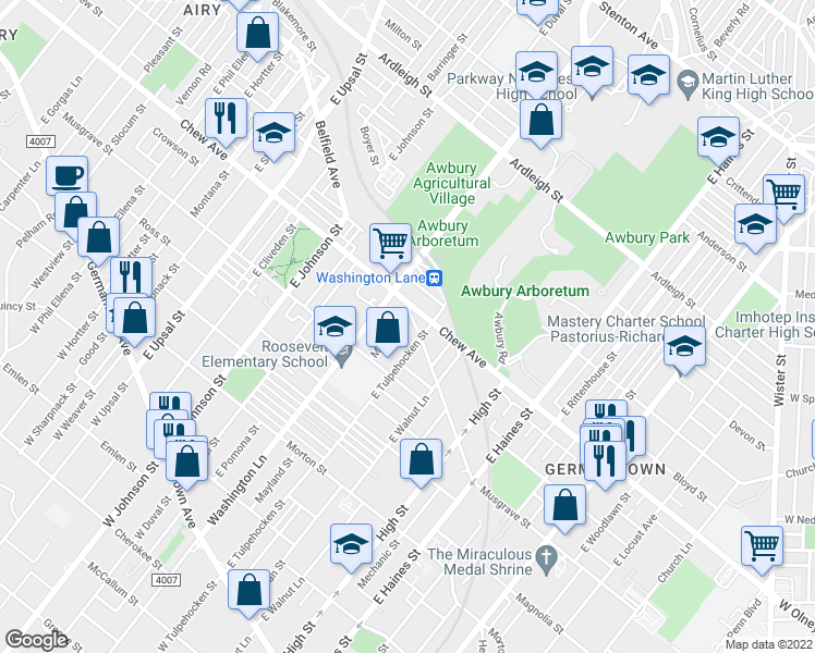 map of restaurants, bars, coffee shops, grocery stores, and more near 6222 Chew Avenue in Philadelphia