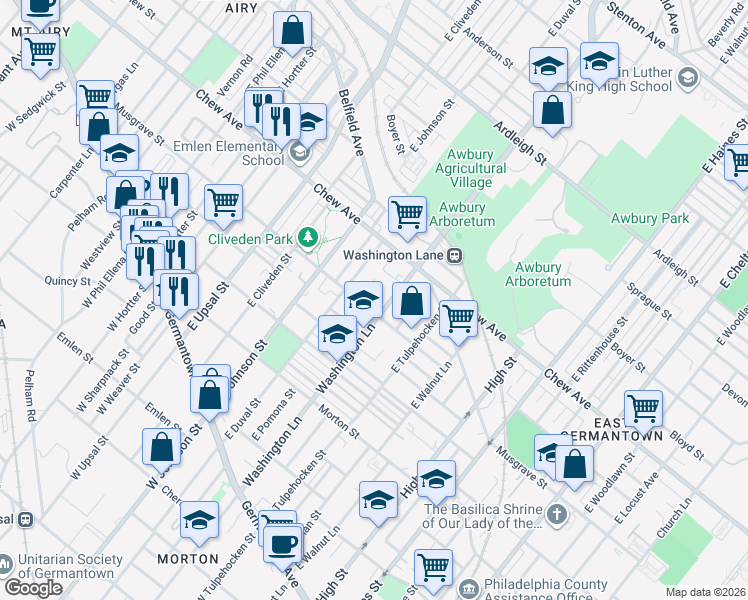 map of restaurants, bars, coffee shops, grocery stores, and more near 6327 Musgrave Street in Philadelphia