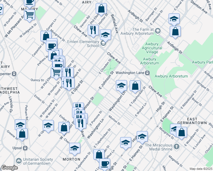 map of restaurants, bars, coffee shops, grocery stores, and more near 233 East Johnson Street in Philadelphia