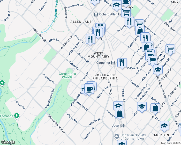 map of restaurants, bars, coffee shops, grocery stores, and more near 400 West Ellet Street in Philadelphia