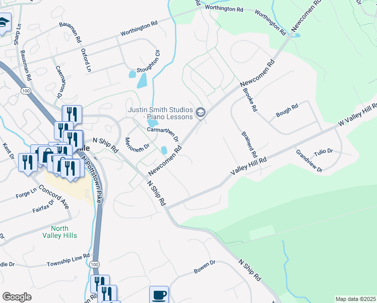 map of restaurants, bars, coffee shops, grocery stores, and more near 711 Grace Way in Exton