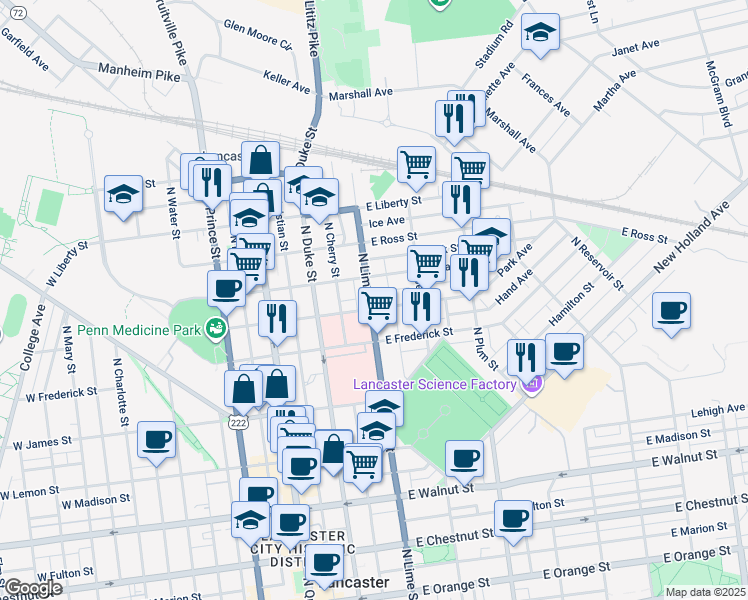 map of restaurants, bars, coffee shops, grocery stores, and more near 721 Pennsylvania 272 in Lancaster