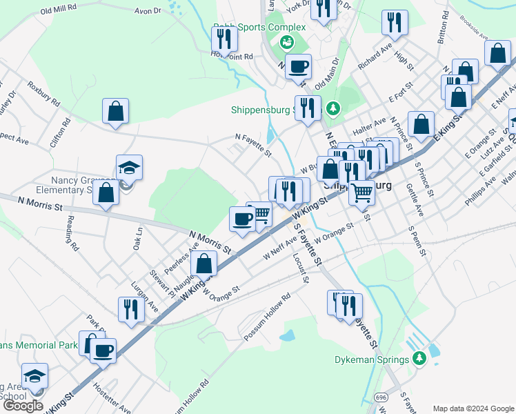 map of restaurants, bars, coffee shops, grocery stores, and more near 126 West Burd Street in Shippensburg