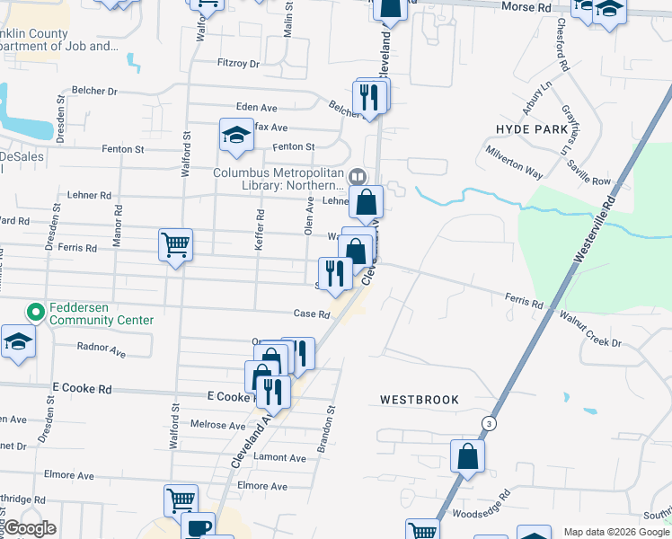 map of restaurants, bars, coffee shops, grocery stores, and more near 2248 Ferris Road in Columbus