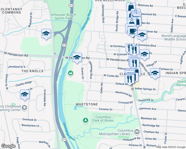 map of restaurants, bars, coffee shops, grocery stores, and more near 226 West Cooke Road in Columbus