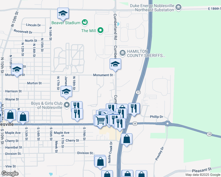 map of restaurants, bars, coffee shops, grocery stores, and more near 814 Noble Run in Noblesville