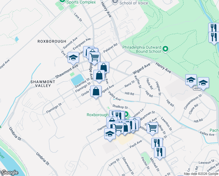 map of restaurants, bars, coffee shops, grocery stores, and more near Valley Ave & Wigard Ave in Philadelphia