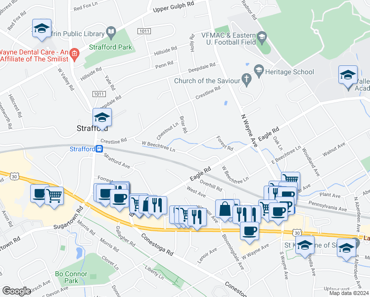 map of restaurants, bars, coffee shops, grocery stores, and more near 25 Forest Road in Wayne