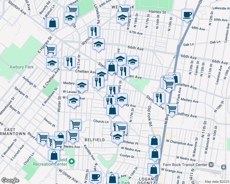 map of restaurants, bars, coffee shops, grocery stores, and more near 6233 Ogontz Avenue in Philadelphia