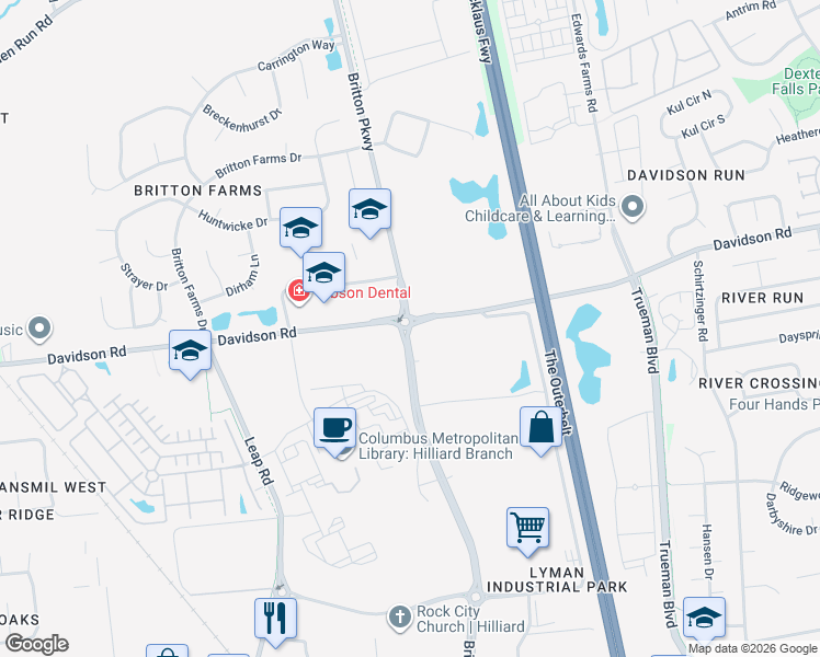 map of restaurants, bars, coffee shops, grocery stores, and more near 5550 Britton Parkway in Hilliard