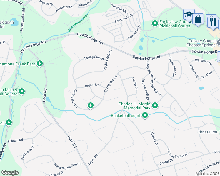 map of restaurants, bars, coffee shops, grocery stores, and more near 275 Spring Run Lane in Downingtown