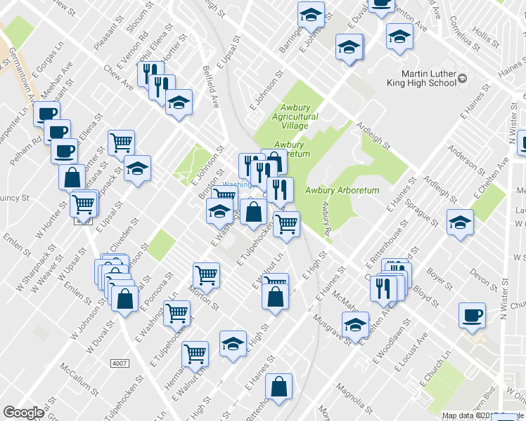map of restaurants, bars, coffee shops, grocery stores, and more near 554 East Mayland Street in Philadelphia