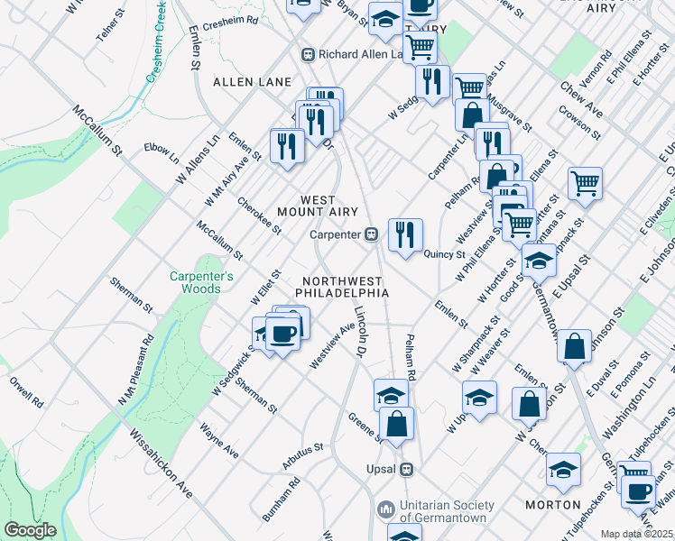map of restaurants, bars, coffee shops, grocery stores, and more near 6905 Lincoln Drive in Philadelphia