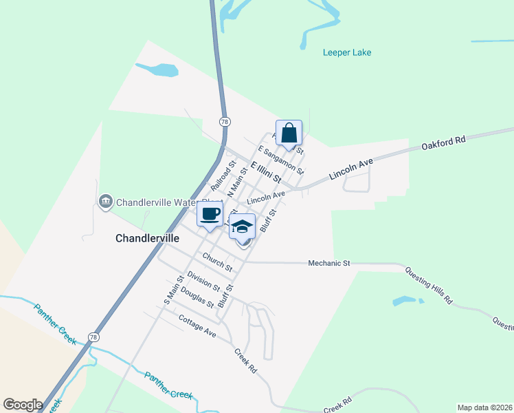 map of restaurants, bars, coffee shops, grocery stores, and more near Lincoln Avenue in Chandlerville