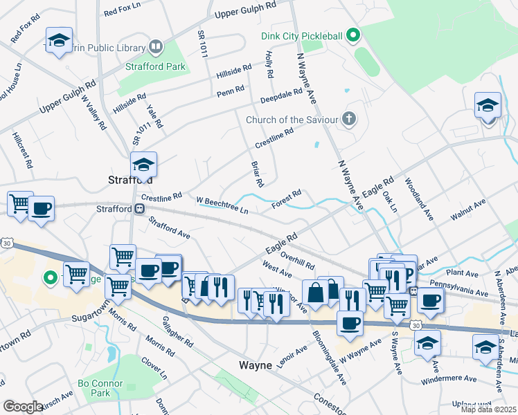 map of restaurants, bars, coffee shops, grocery stores, and more near 25 Forest Road in Wayne