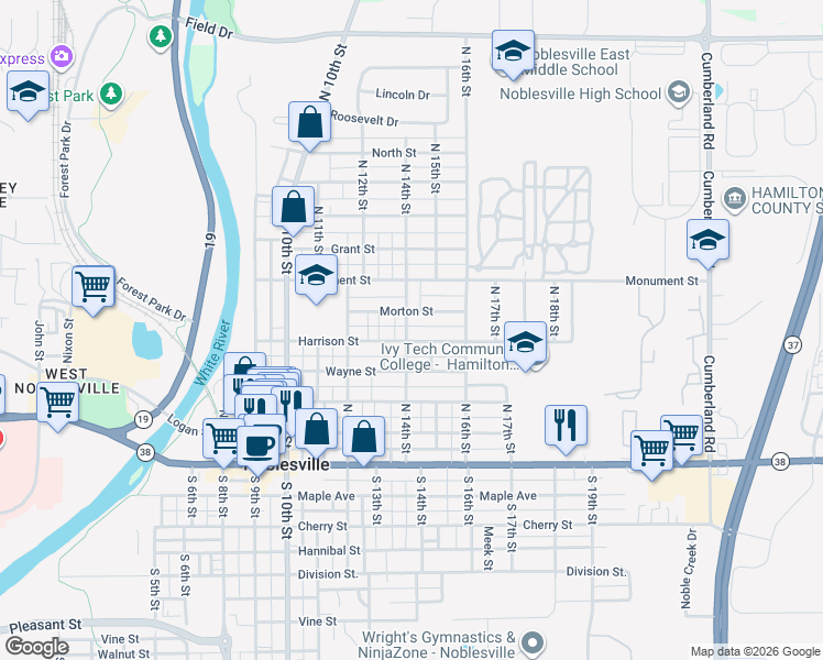 map of restaurants, bars, coffee shops, grocery stores, and more near 1443 Morton Street in Noblesville