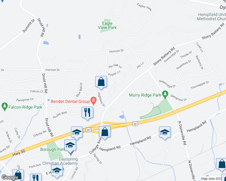 map of restaurants, bars, coffee shops, grocery stores, and more near 29 Apple Lane in Mountville