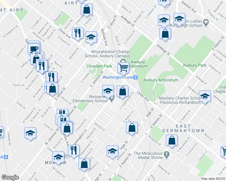 map of restaurants, bars, coffee shops, grocery stores, and more near 513 East Washington Lane in Philadelphia
