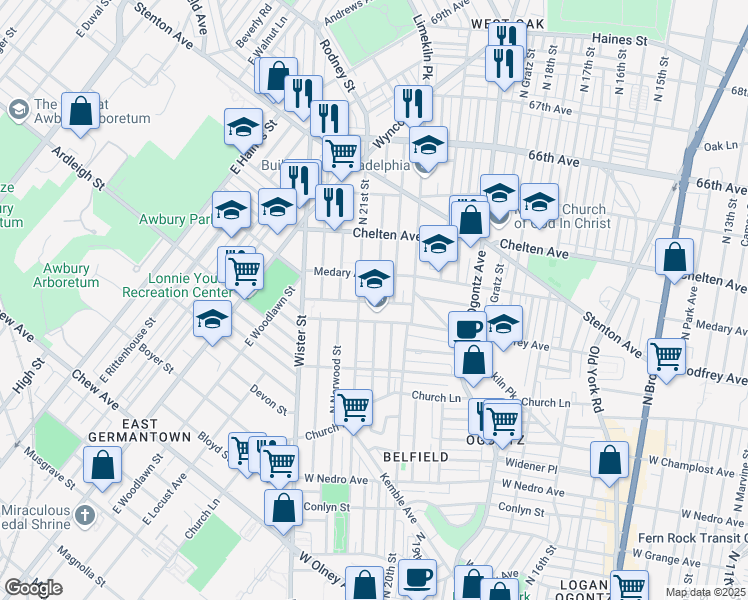 map of restaurants, bars, coffee shops, grocery stores, and more near 6224 North Lambert Street in Philadelphia