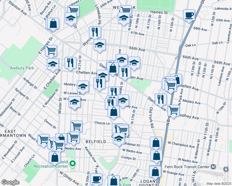 map of restaurants, bars, coffee shops, grocery stores, and more near 6233 Ogontz Avenue in Philadelphia