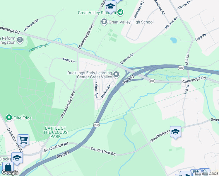 map of restaurants, bars, coffee shops, grocery stores, and more near 22 Markel Road in Malvern