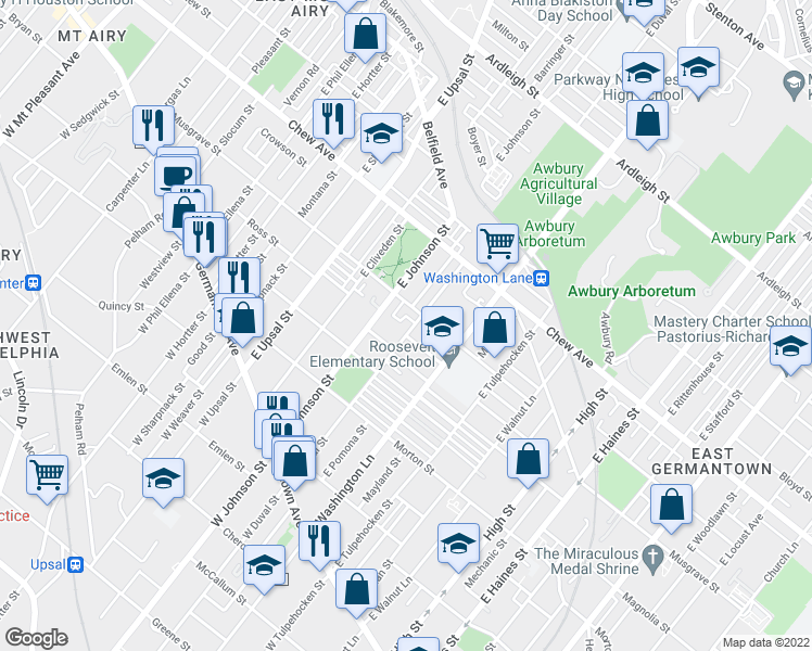 map of restaurants, bars, coffee shops, grocery stores, and more near 257 East Duval Street in Philadelphia