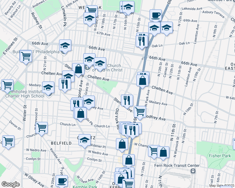 map of restaurants, bars, coffee shops, grocery stores, and more near 6300 Old York Road in Philadelphia