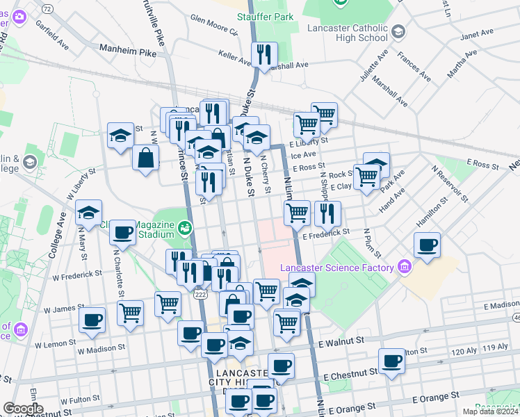 map of restaurants, bars, coffee shops, grocery stores, and more near 719 North Duke Street in Lancaster