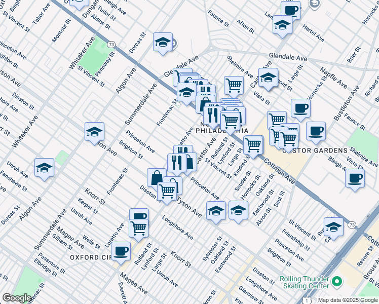 map of restaurants, bars, coffee shops, grocery stores, and more near 1420 Saint Vincent Street in Philadelphia