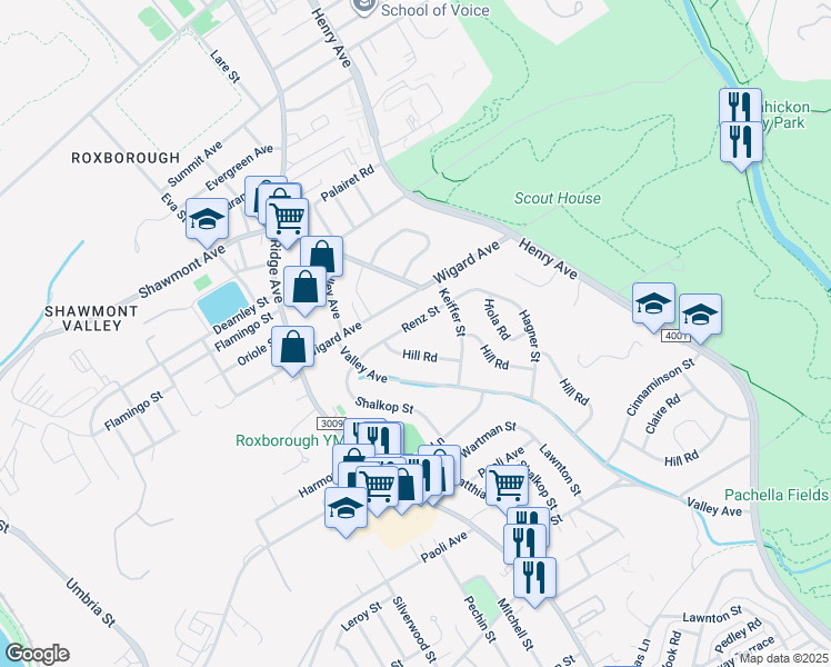 map of restaurants, bars, coffee shops, grocery stores, and more near 644 Renz Street in Philadelphia