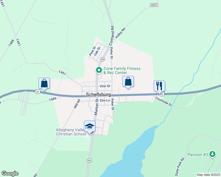 map of restaurants, bars, coffee shops, grocery stores, and more near 210 Vine Street in Schellsburg