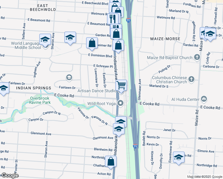 map of restaurants, bars, coffee shops, grocery stores, and more near 712 Fairlawn Drive in Columbus