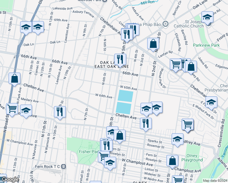 map of restaurants, bars, coffee shops, grocery stores, and more near 6412 North 5th Street in Philadelphia