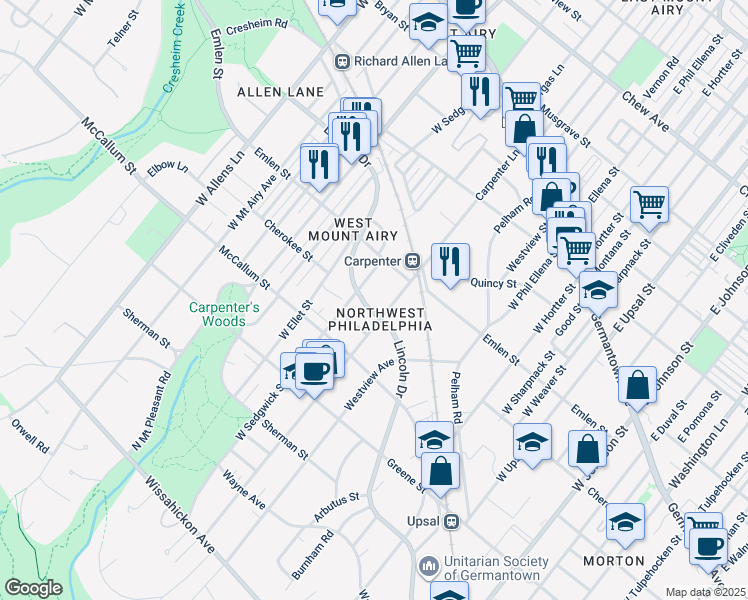 map of restaurants, bars, coffee shops, grocery stores, and more near 6905 Lincoln Drive in Philadelphia