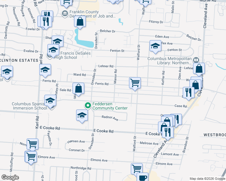 map of restaurants, bars, coffee shops, grocery stores, and more near 1873 Ferris Road in Columbus