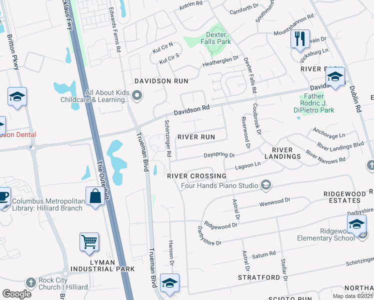 map of restaurants, bars, coffee shops, grocery stores, and more near 3852 Pleasantbrook Drive in Hilliard