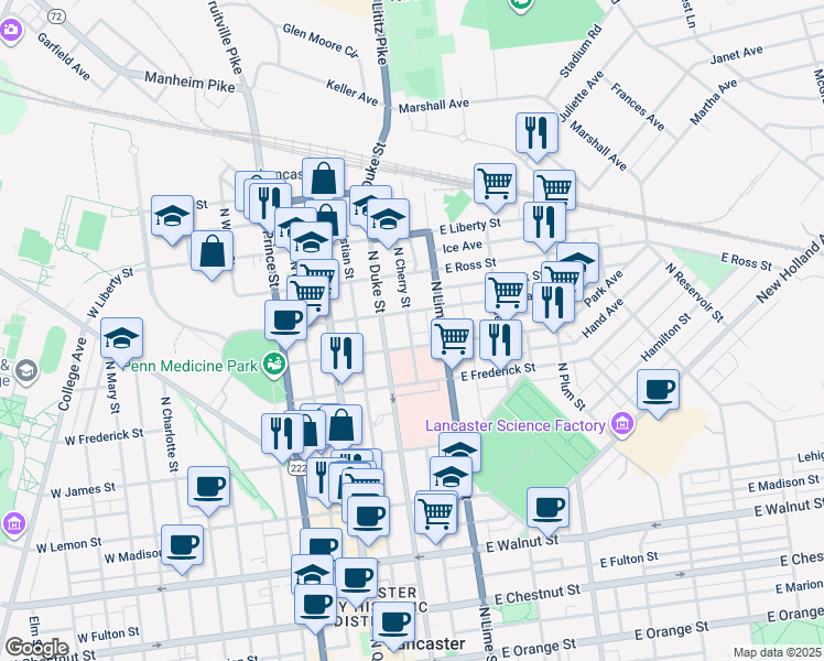 map of restaurants, bars, coffee shops, grocery stores, and more near 715 North Cherry Street in Lancaster