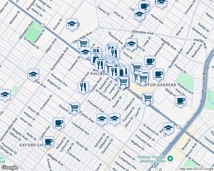 map of restaurants, bars, coffee shops, grocery stores, and more near 7244 Lynford Street in Philadelphia