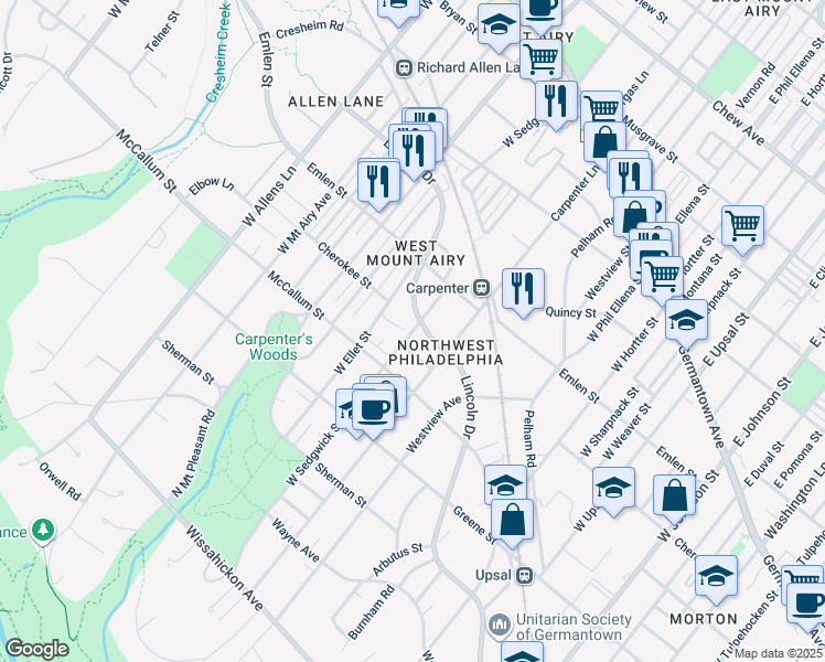 map of restaurants, bars, coffee shops, grocery stores, and more near West Sedgwick Street in Philadelphia