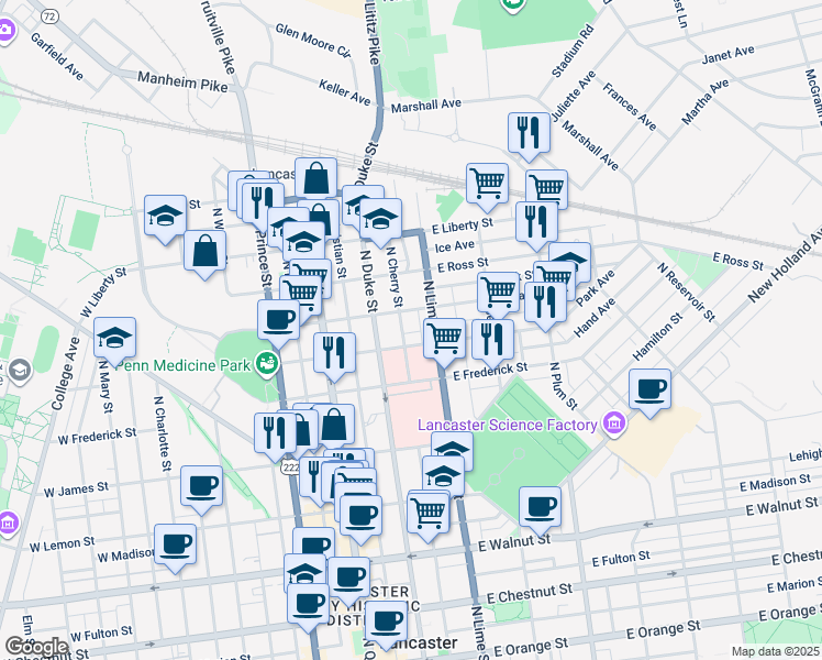 map of restaurants, bars, coffee shops, grocery stores, and more near 713 North Cherry Street in Lancaster