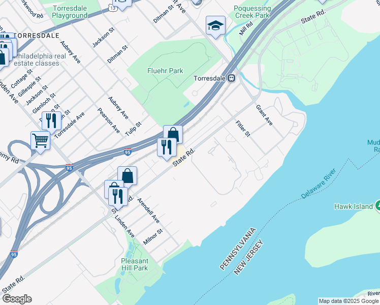 map of restaurants, bars, coffee shops, grocery stores, and more near 5100 Convent Lane in Philadelphia