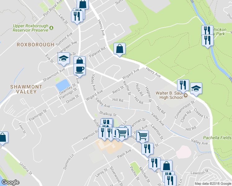 map of restaurants, bars, coffee shops, grocery stores, and more near 644 Renz Street in Philadelphia