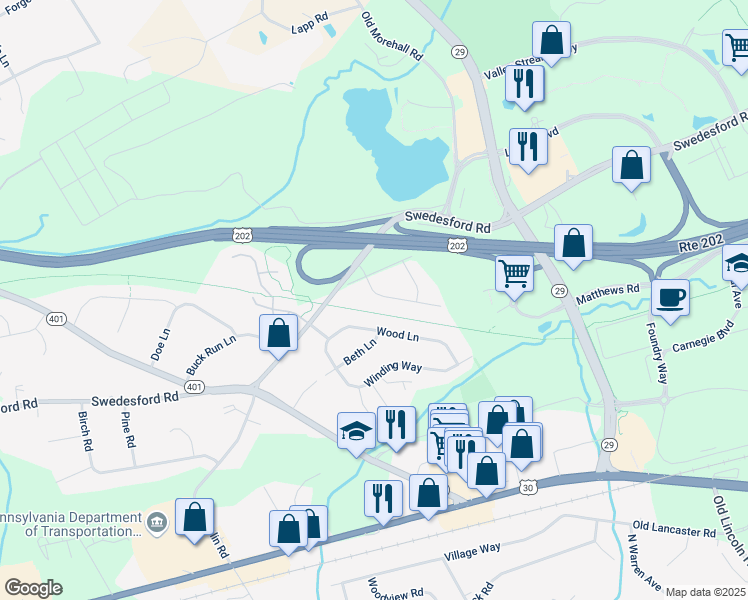 map of restaurants, bars, coffee shops, grocery stores, and more near 4 Hillside Drive in Malvern