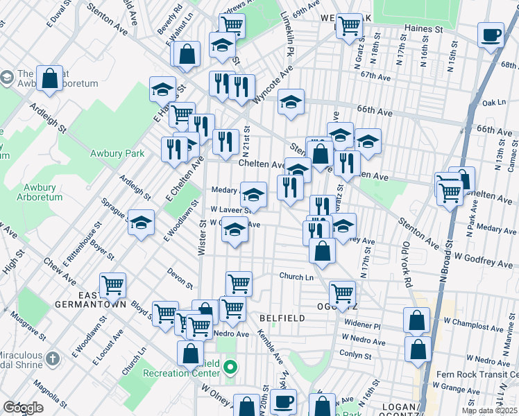 map of restaurants, bars, coffee shops, grocery stores, and more near 6229 North Lambert Street in Philadelphia