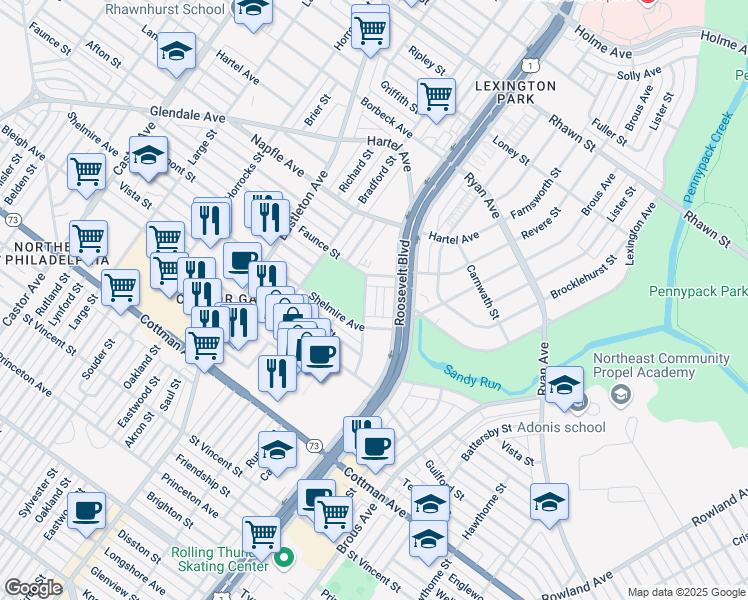 map of restaurants, bars, coffee shops, grocery stores, and more near 7539 Calvert Street in Philadelphia