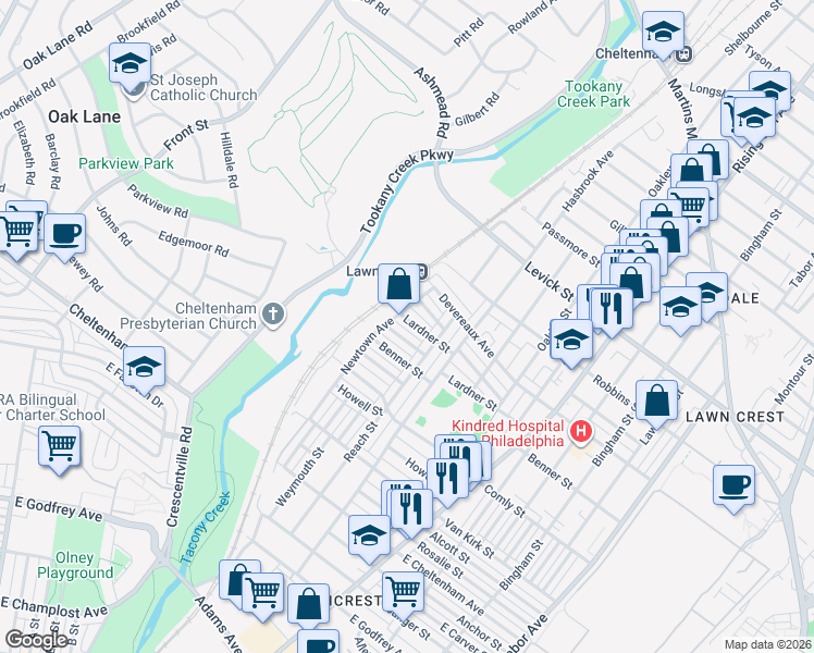 map of restaurants, bars, coffee shops, grocery stores, and more near 209 Lardner Street in Philadelphia