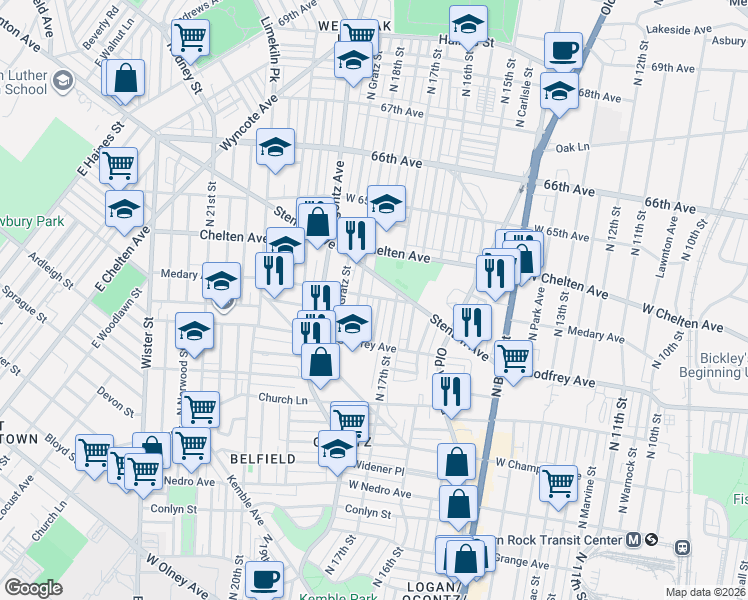 map of restaurants, bars, coffee shops, grocery stores, and more near 6301 North 18th Street in Philadelphia