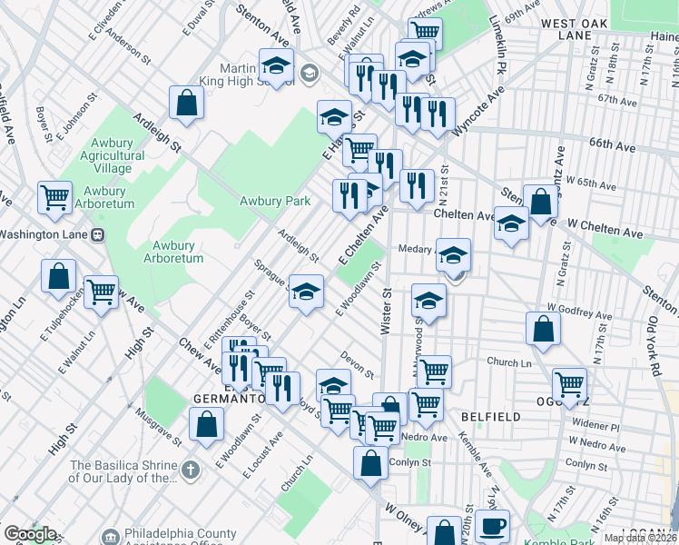 map of restaurants, bars, coffee shops, grocery stores, and more near 1105 East Chelten Avenue in Philadelphia